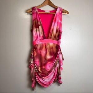 Fashion Nova Pink & Brown Watercolor Ruched Mini Dress Size Medium EUC